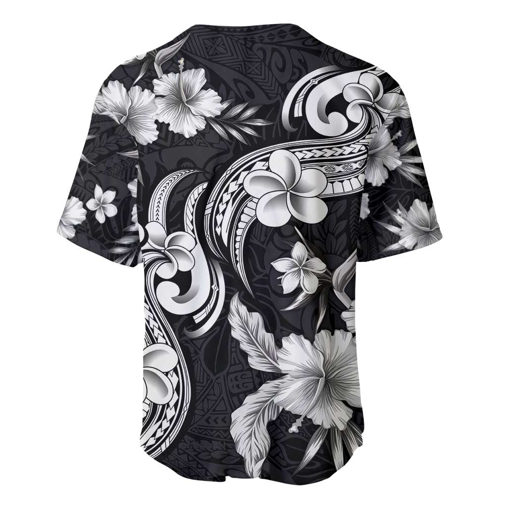 Hawaiian-Polynesian Art Tattoo Baseball Jersey Hibiscus and Plumeria Grayscale