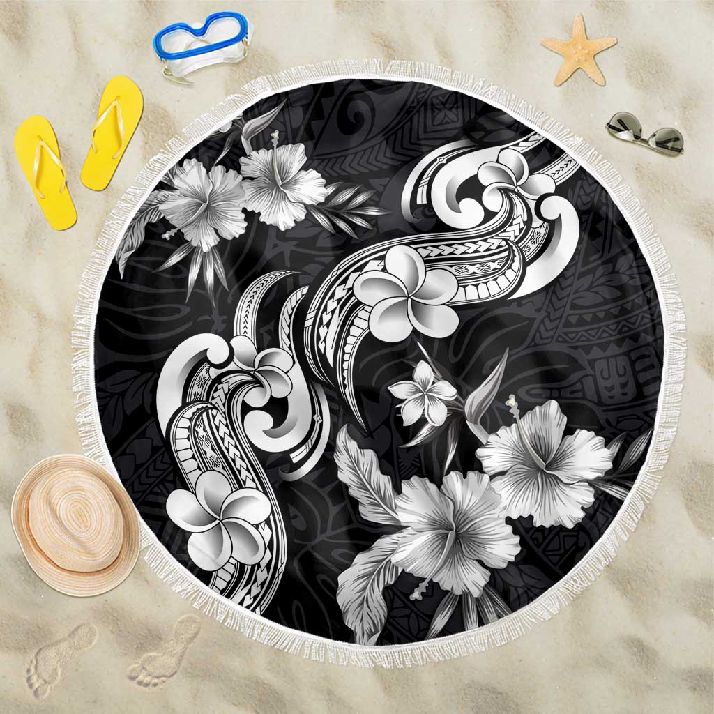 Hawaiian-Polynesian Art Tattoo Beach Blanket Hibiscus and Plumeria Grayscale LT03 One Size 150cm Black - Polynesian Pride