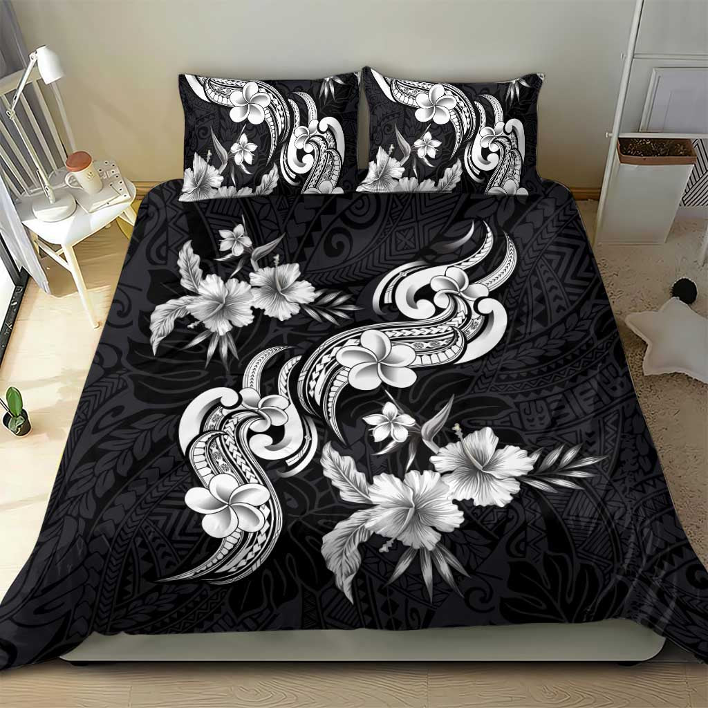 Hawaiian-Polynesian Art Tattoo Bedding Set Hibiscus and Plumeria Grayscale