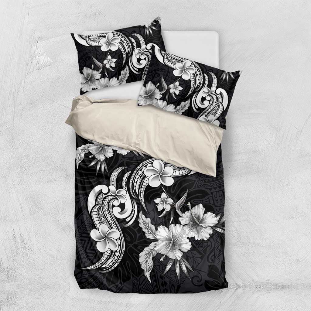 Hawaiian-Polynesian Art Tattoo Bedding Set Hibiscus and Plumeria Grayscale