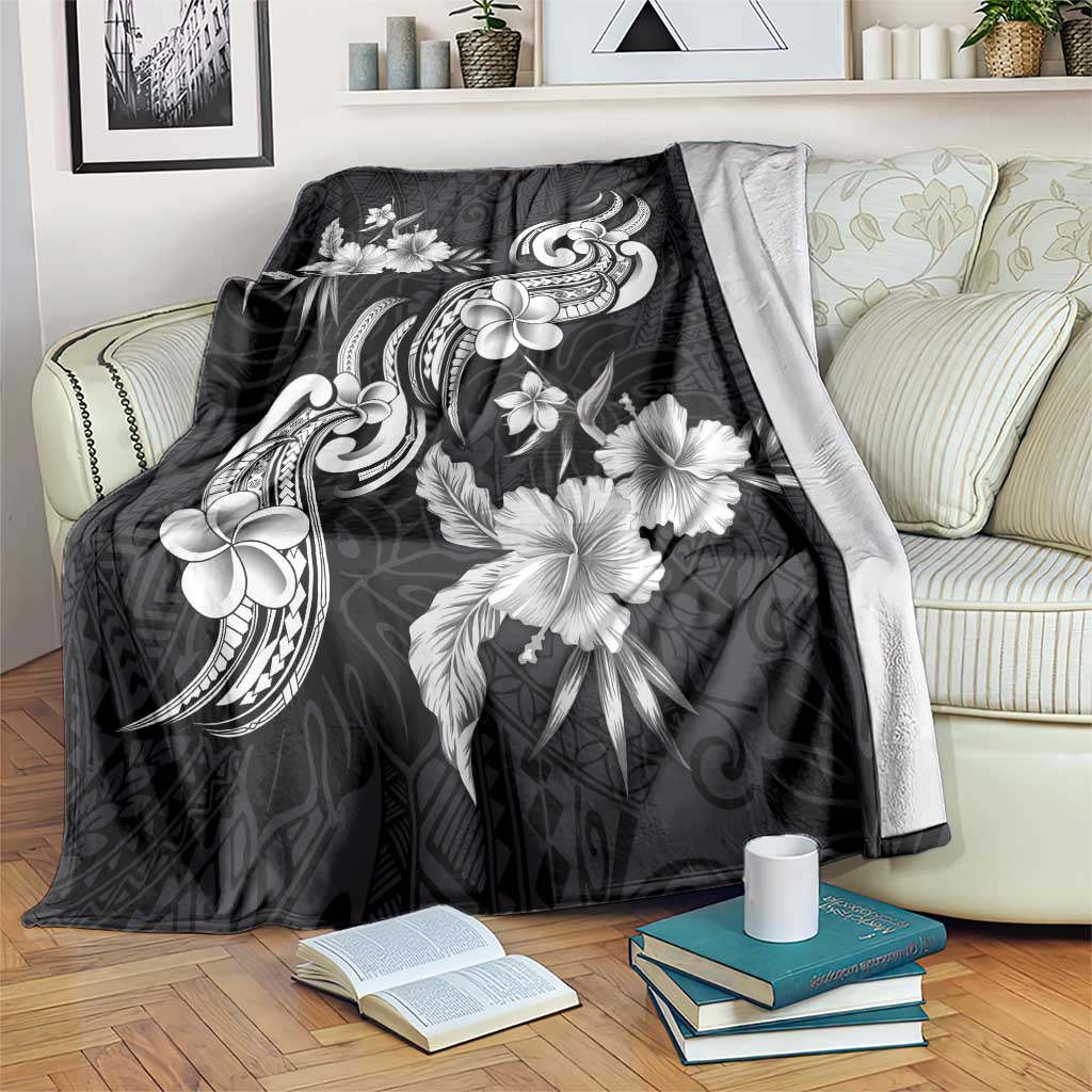 Hawaiian-Polynesian Art Tattoo Blanket Hibiscus and Plumeria Grayscale LT03 Black - Polynesian Pride