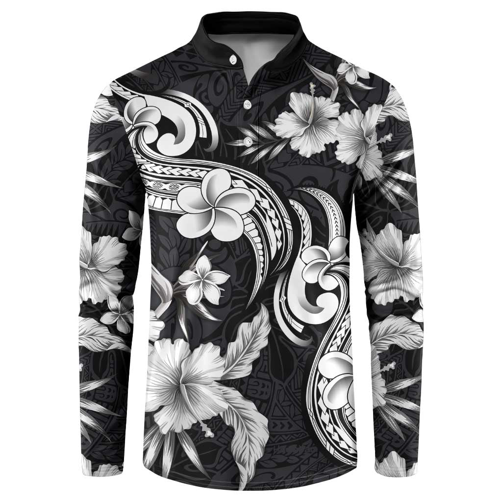 Hawaiian-Polynesian Art Tattoo Button Sweatshirt Hibiscus and Plumeria Grayscale LT03 Black - Polynesian Pride