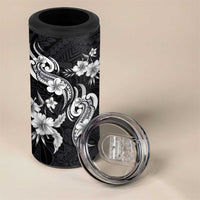 Hawaiian-Polynesian Art Tattoo 4 in 1 Can Cooler Tumbler Hibiscus and Plumeria Grayscale