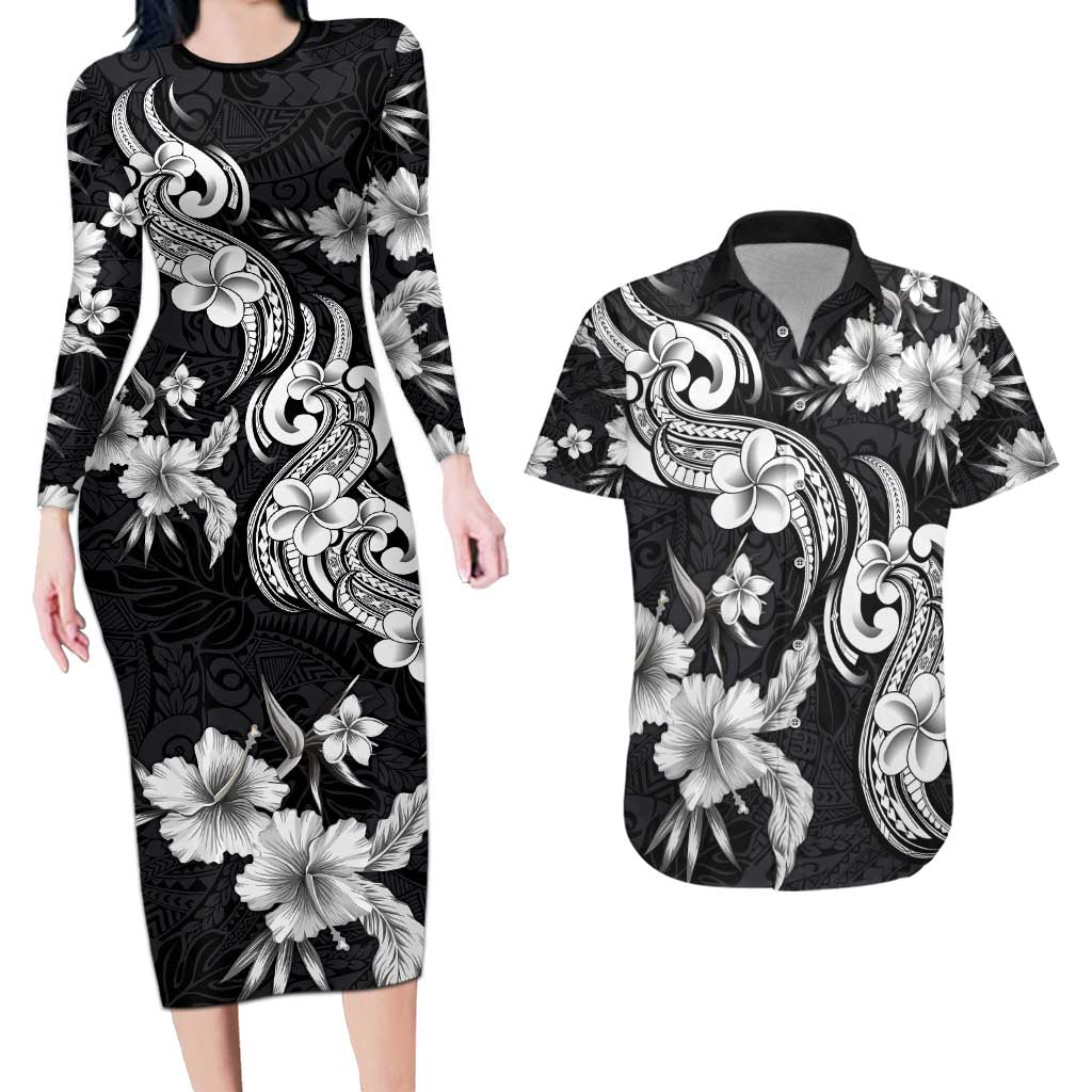 Hawaiian-Polynesian Art Tattoo Couples Matching Long Sleeve Bodycon Dress and Hawaiian Shirt Hibiscus and Plumeria Grayscale LT03 Black - Polynesian Pride