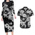 Hawaiian-Polynesian Art Tattoo Couples Matching Long Sleeve Bodycon Dress and Hawaiian Shirt Hibiscus and Plumeria Grayscale