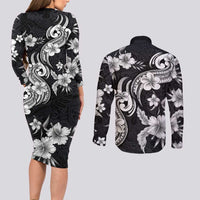 Hawaiian-Polynesian Art Tattoo Couples Matching Long Sleeve Bodycon Dress and Long Sleeve Button Shirt Hibiscus and Plumeria Grayscale
