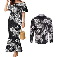Hawaiian-Polynesian Art Tattoo Couples Matching Mermaid Dress and Long Sleeve Button Shirt Hibiscus and Plumeria Grayscale