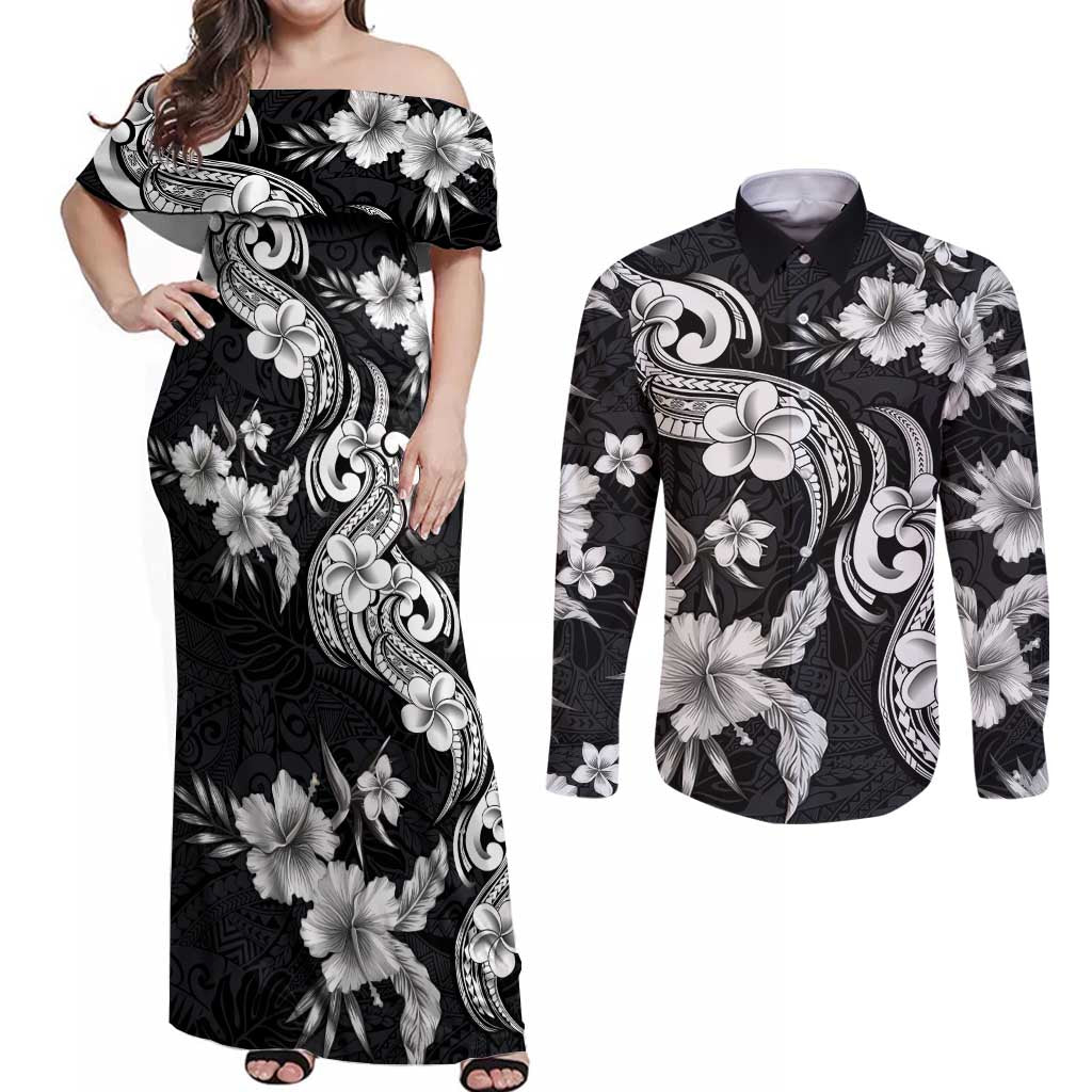 Hawaiian-Polynesian Art Tattoo Couples Matching Off Shoulder Maxi Dress and Long Sleeve Button Shirt Hibiscus and Plumeria Grayscale LT03 Black - Polynesian Pride
