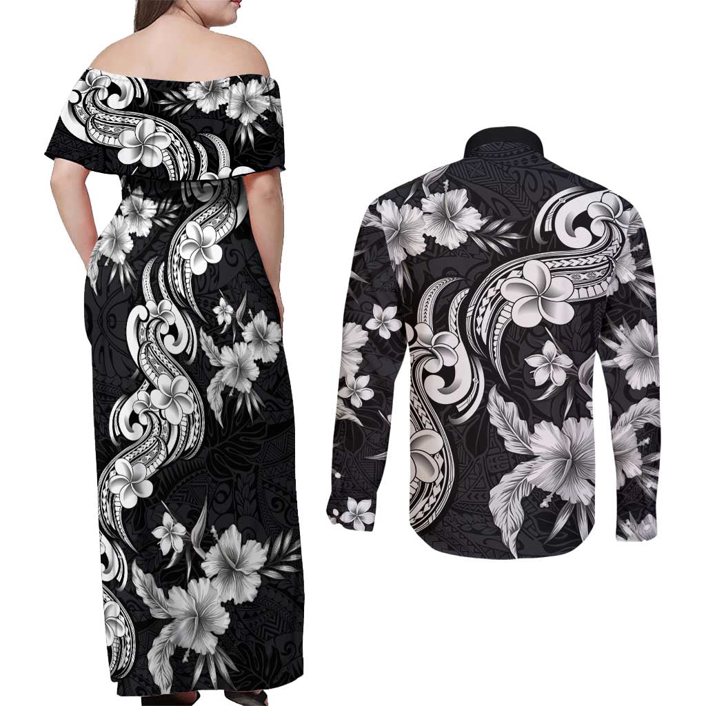 Hawaiian-Polynesian Art Tattoo Couples Matching Off Shoulder Maxi Dress and Long Sleeve Button Shirt Hibiscus and Plumeria Grayscale