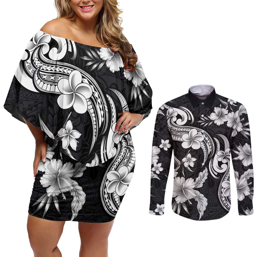 Hawaiian-Polynesian Art Tattoo Couples Matching Off Shoulder Short Dress and Long Sleeve Button Shirt Hibiscus and Plumeria Grayscale LT03 Black - Polynesian Pride