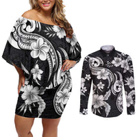 Hawaiian-Polynesian Art Tattoo Couples Matching Off Shoulder Short Dress and Long Sleeve Button Shirt Hibiscus and Plumeria Grayscale