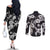 Hawaiian-Polynesian Art Tattoo Couples Matching Off The Shoulder Long Sleeve Dress and Long Sleeve Button Shirt Hibiscus and Plumeria Grayscale