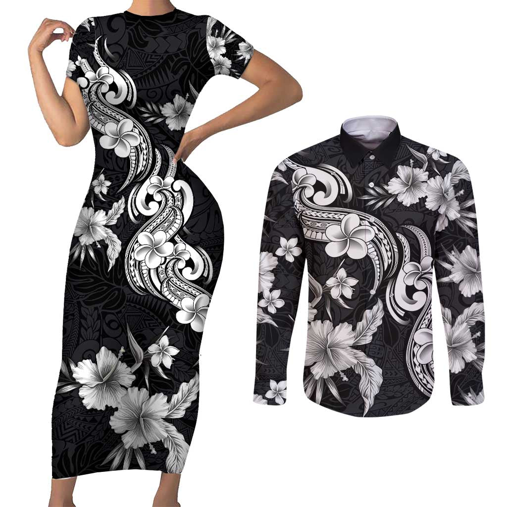 Hawaiian-Polynesian Art Tattoo Couples Matching Short Sleeve Bodycon Dress and Long Sleeve Button Shirt Hibiscus and Plumeria Grayscale LT03 Black - Polynesian Pride