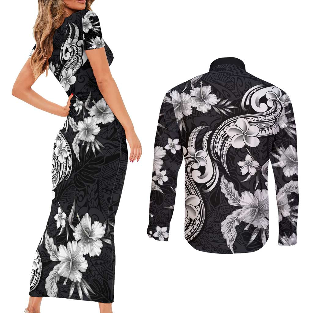 Hawaiian-Polynesian Art Tattoo Couples Matching Short Sleeve Bodycon Dress and Long Sleeve Button Shirt Hibiscus and Plumeria Grayscale