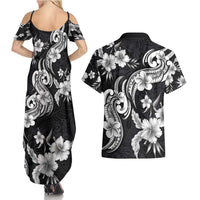 Hawaiian-Polynesian Art Tattoo Couples Matching Summer Maxi Dress and Hawaiian Shirt Hibiscus and Plumeria Grayscale