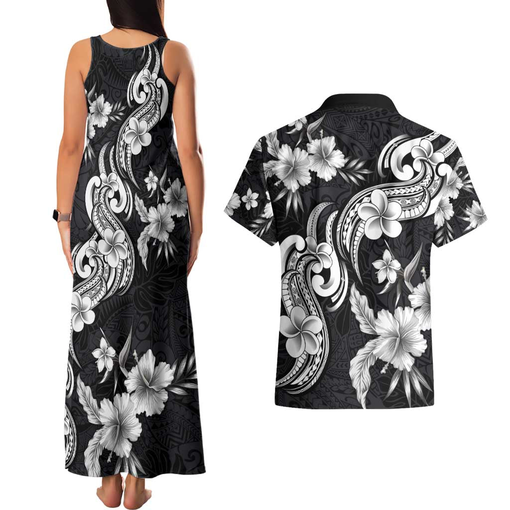 Hawaiian-Polynesian Art Tattoo Couples Matching Tank Maxi Dress and Hawaiian Shirt Hibiscus and Plumeria Grayscale