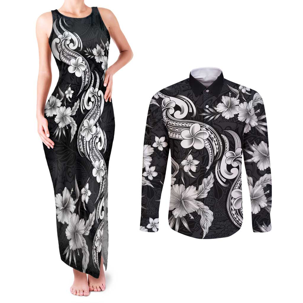 Hawaiian-Polynesian Art Tattoo Couples Matching Tank Maxi Dress and Long Sleeve Button Shirt Hibiscus and Plumeria Grayscale LT03 Black - Polynesian Pride