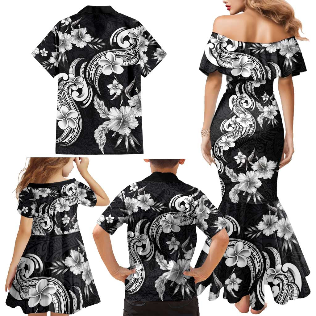 Hawaiian-Polynesian Art Tattoo Family Matching Mermaid Dress and Hawaiian Shirt Hibiscus and Plumeria Grayscale