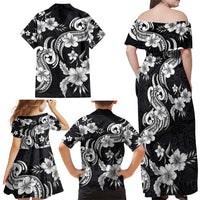 Hawaiian-Polynesian Art Tattoo Family Matching Off Shoulder Maxi Dress and Hawaiian Shirt Hibiscus and Plumeria Grayscale