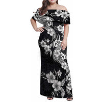 Hawaiian-Polynesian Art Tattoo Family Matching Off Shoulder Maxi Dress and Hawaiian Shirt Hibiscus and Plumeria Grayscale