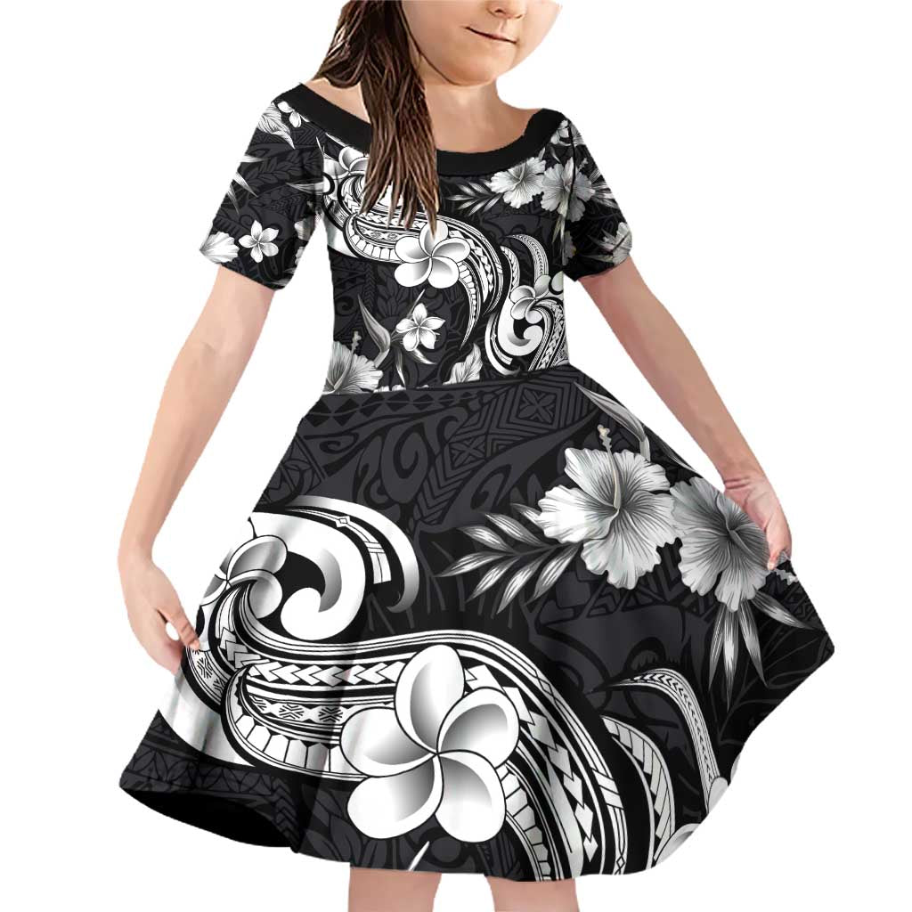 Hawaiian-Polynesian Art Tattoo Family Matching Off Shoulder Short Dress and Hawaiian Shirt Hibiscus and Plumeria Grayscale