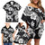 Hawaiian-Polynesian Art Tattoo Family Matching Off Shoulder Short Dress and Hawaiian Shirt Hibiscus and Plumeria Grayscale