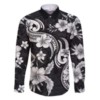 Hawaiian-Polynesian Art Tattoo Family Matching Off Shoulder Short Dress and Hawaiian Shirt Hibiscus and Plumeria Grayscale