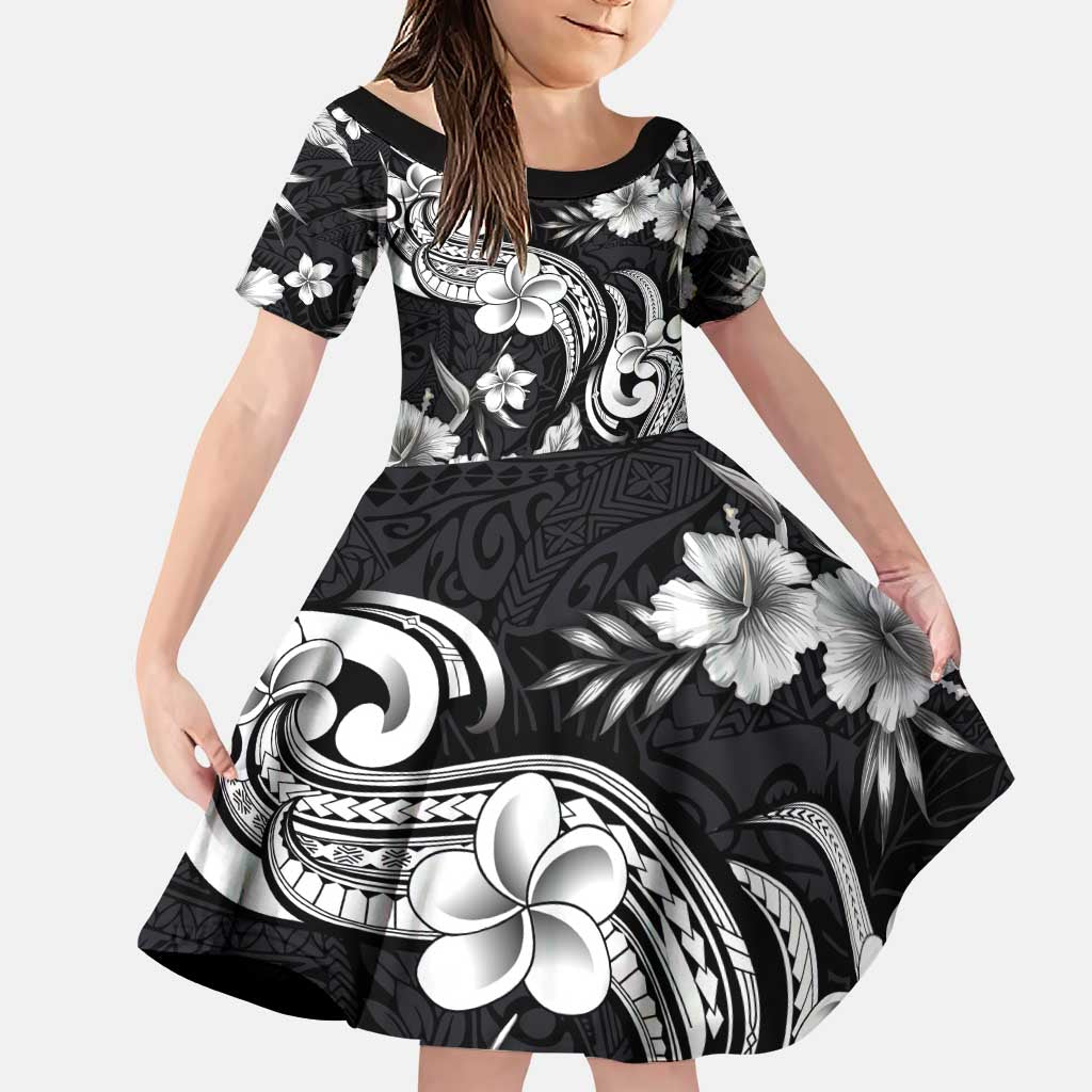 Hawaiian-Polynesian Art Tattoo Family Matching Puletasi and Hawaiian Shirt Hibiscus and Plumeria Grayscale