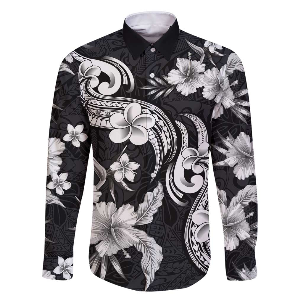 Hawaiian-Polynesian Art Tattoo Family Matching Puletasi and Hawaiian Shirt Hibiscus and Plumeria Grayscale
