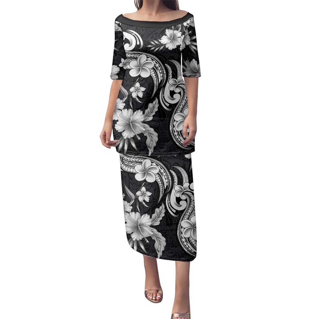 Hawaiian-Polynesian Art Tattoo Family Matching Puletasi and Hawaiian Shirt Hibiscus and Plumeria Grayscale