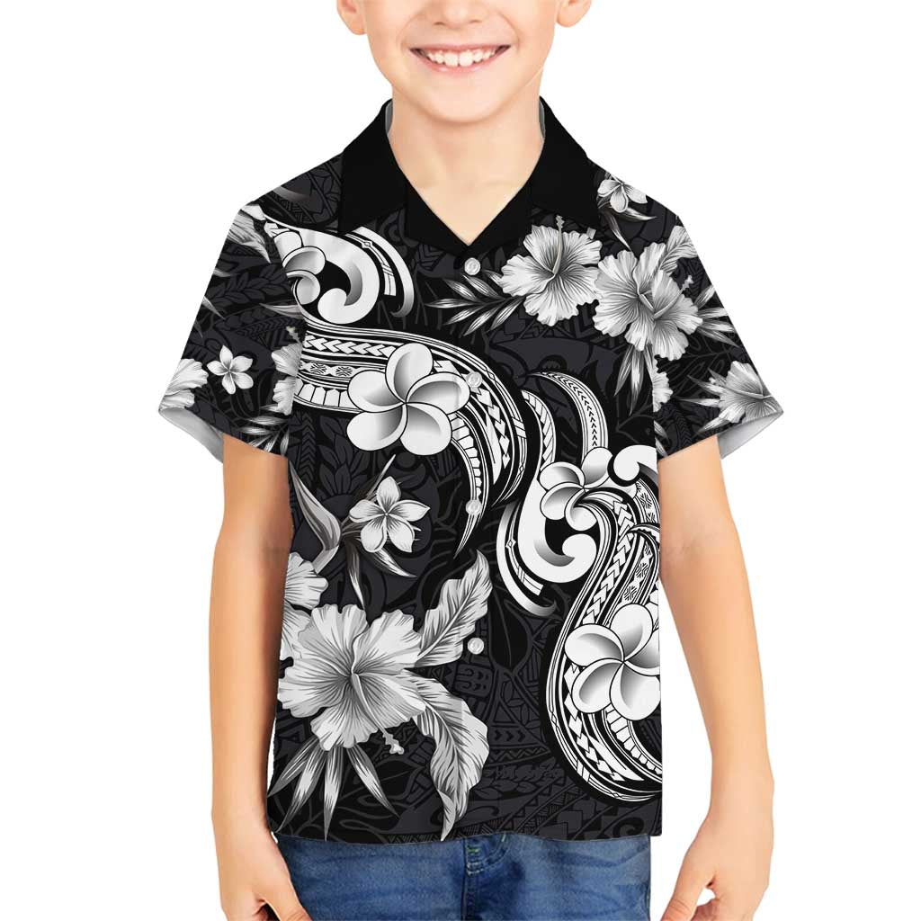 Hawaiian-Polynesian Art Tattoo Family Matching Puletasi and Hawaiian Shirt Hibiscus and Plumeria Grayscale