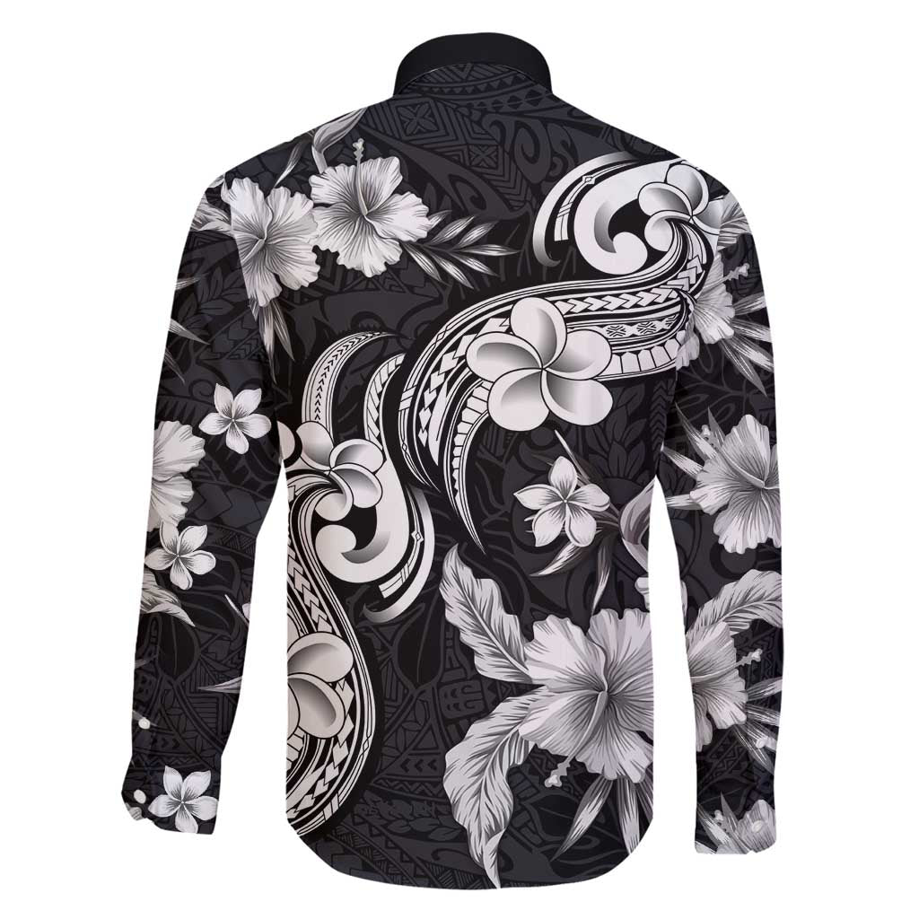 Hawaiian-Polynesian Art Tattoo Family Matching Summer Maxi Dress and Hawaiian Shirt Hibiscus and Plumeria Grayscale
