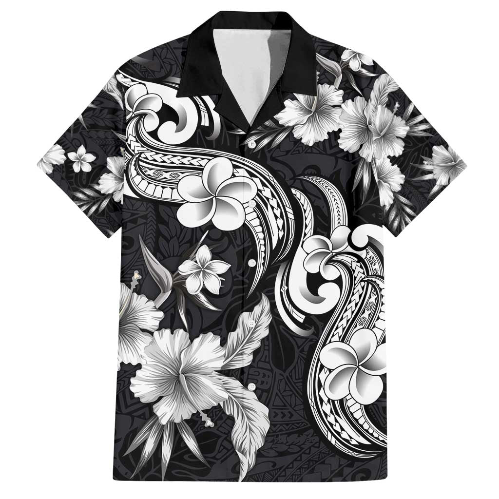 Hawaiian-Polynesian Art Tattoo Family Matching Tank Maxi Dress and Hawaiian Shirt Hibiscus and Plumeria Grayscale