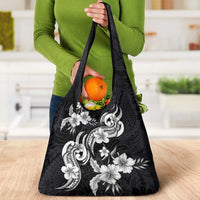 Hawaiian-Polynesian Art Tattoo Grocery Bag Hibiscus and Plumeria Grayscale