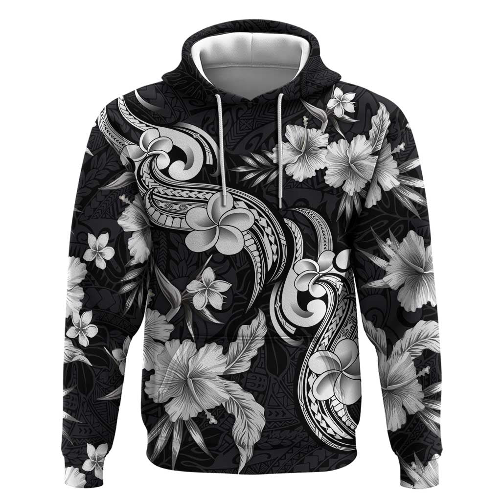 Hawaiian-Polynesian Art Tattoo Hoodie Hibiscus and Plumeria Grayscale