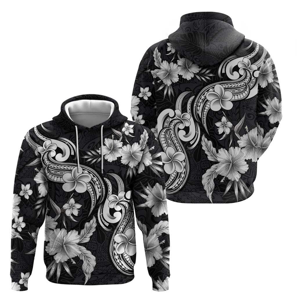 Hawaiian-Polynesian Art Tattoo Hoodie Hibiscus and Plumeria Grayscale