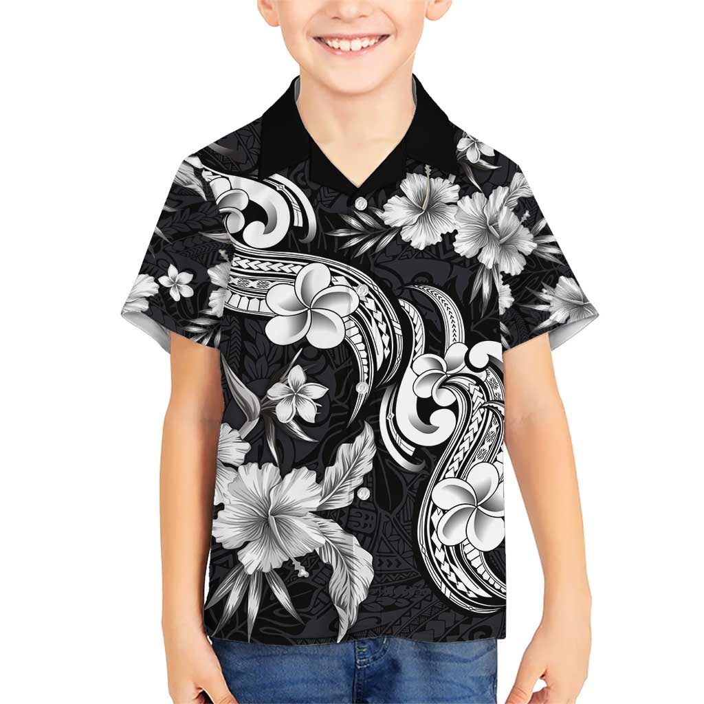 Hawaiian-Polynesian Art Tattoo Kid Hawaiian Shirt Hibiscus and Plumeria Grayscale