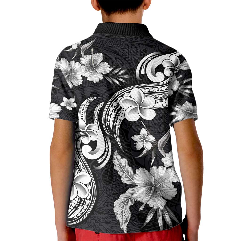 Hawaiian-Polynesian Art Tattoo Kid Polo Shirt Hibiscus and Plumeria Grayscale