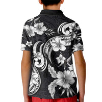 Hawaiian-Polynesian Art Tattoo Kid Polo Shirt Hibiscus and Plumeria Grayscale