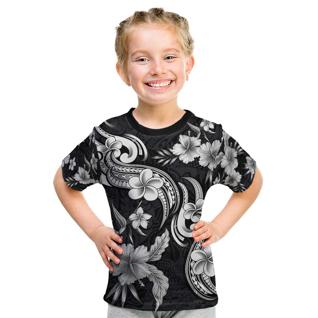 Hawaiian-Polynesian Art Tattoo Kid T Shirt Hibiscus and Plumeria Grayscale LT03 Black - Polynesian Pride