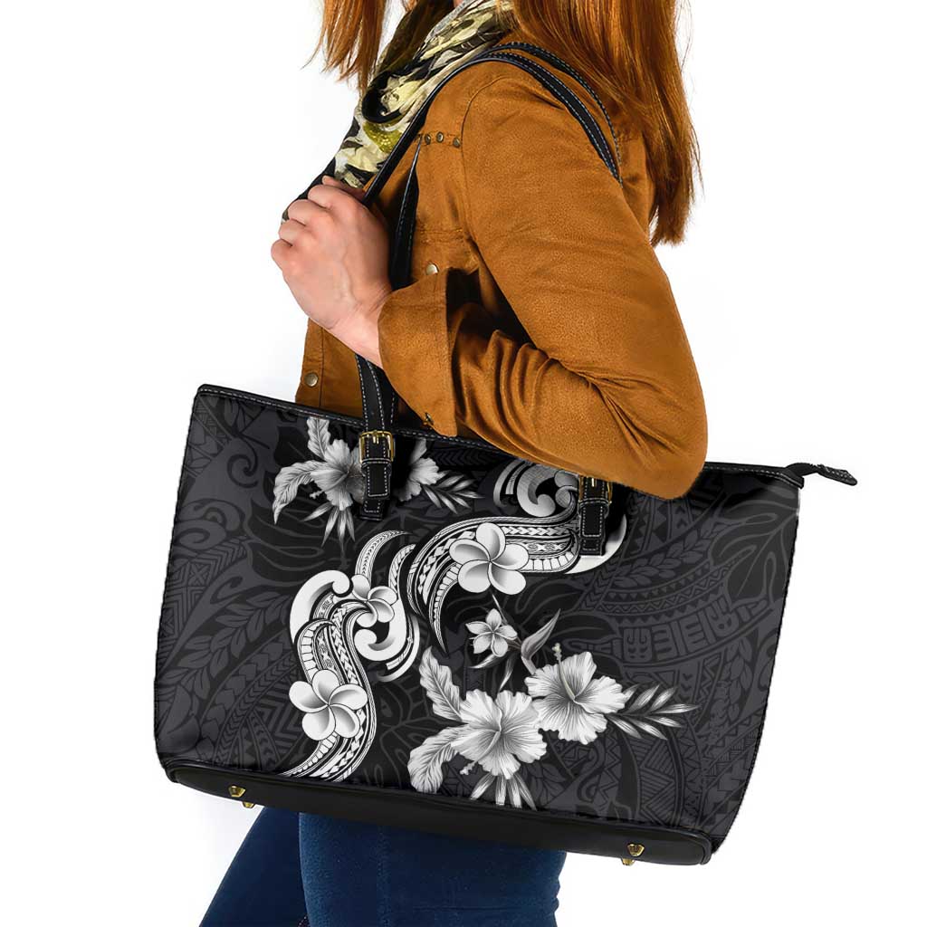 Hawaiian-Polynesian Art Tattoo Leather Tote Bag Hibiscus and Plumeria Grayscale LT03 Black - Polynesian Pride