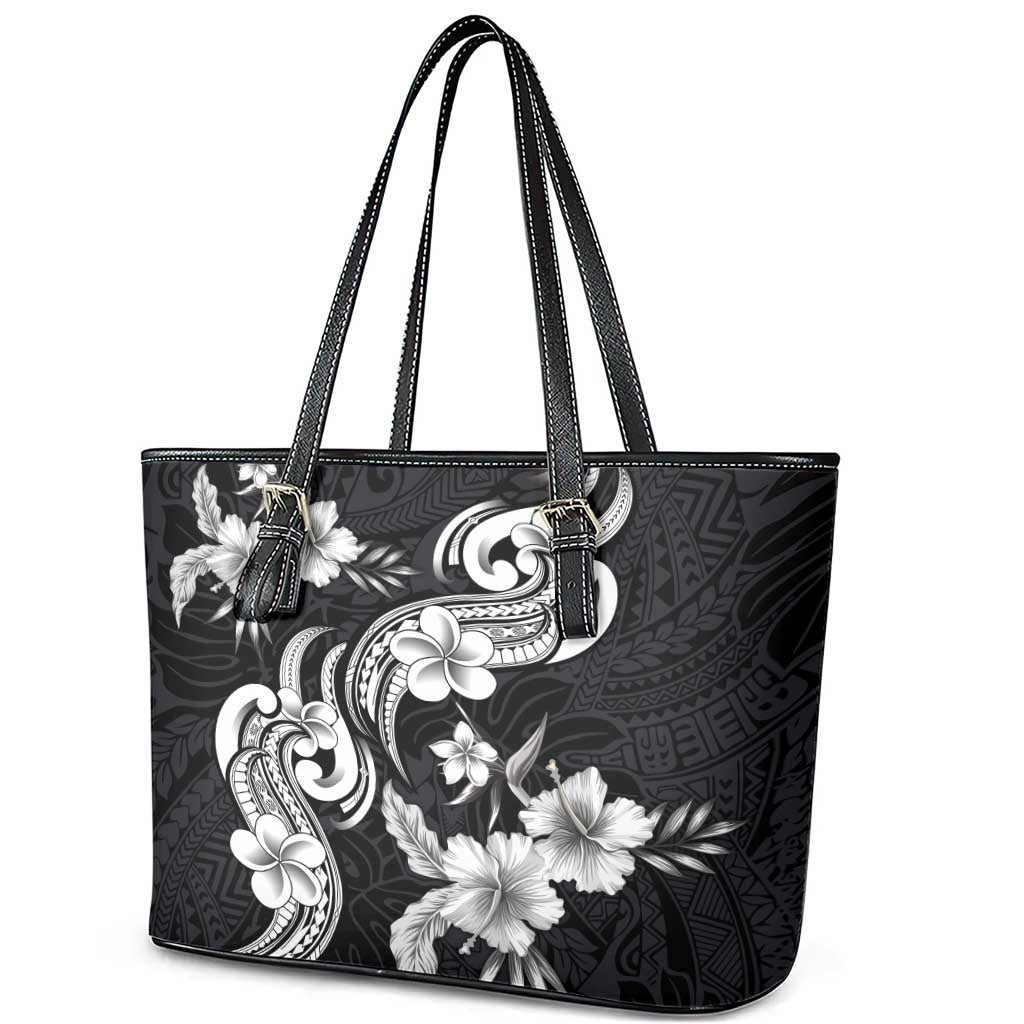 Hawaiian-Polynesian Art Tattoo Leather Tote Bag Hibiscus and Plumeria Grayscale