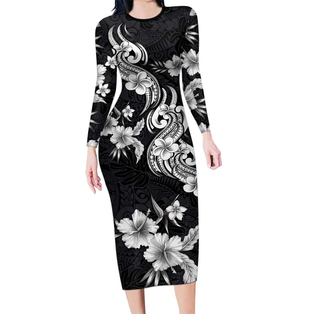 Hawaiian-Polynesian Art Tattoo Long Sleeve Bodycon Dress Hibiscus and Plumeria Grayscale