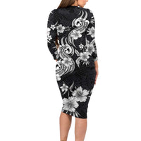 Hawaiian-Polynesian Art Tattoo Long Sleeve Bodycon Dress Hibiscus and Plumeria Grayscale