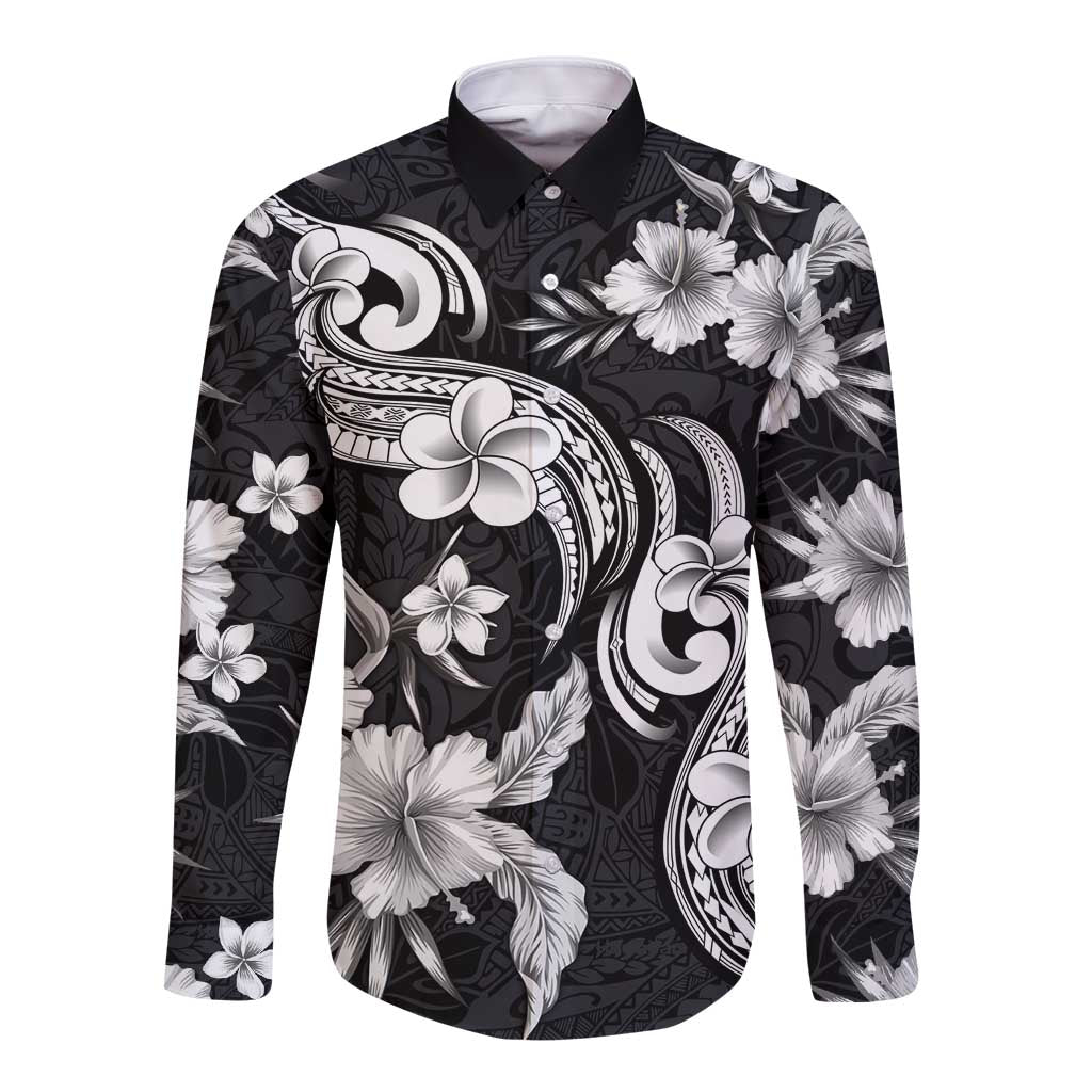 Hawaiian-Polynesian Art Tattoo Long Sleeve Button Shirt Hibiscus and Plumeria Grayscale