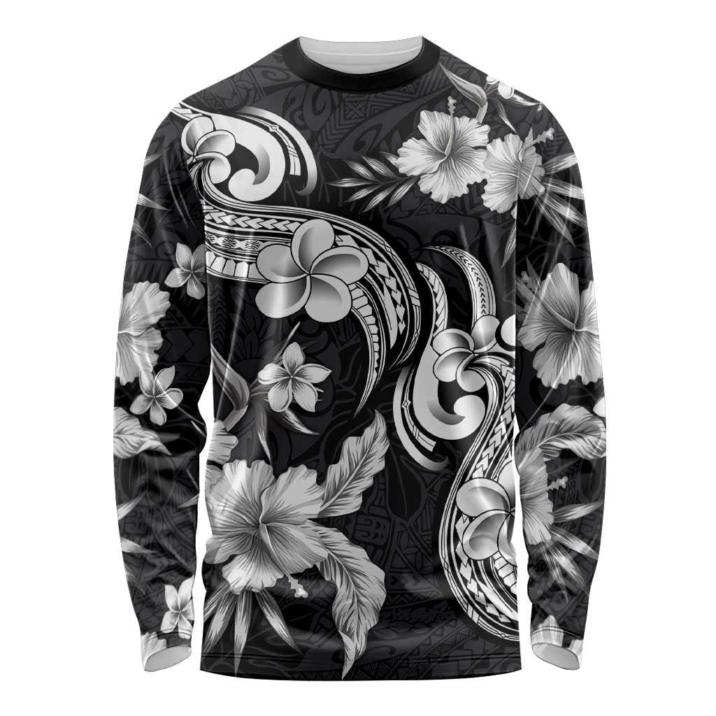 Hawaiian-Polynesian Art Tattoo Long Sleeve Shirt Hibiscus and Plumeria Grayscale LT03 Unisex Black - Polynesian Pride