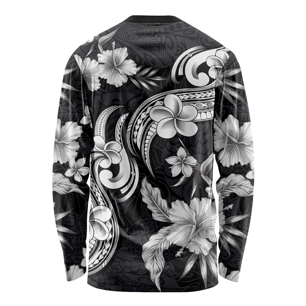 Hawaiian-Polynesian Art Tattoo Long Sleeve Shirt Hibiscus and Plumeria Grayscale