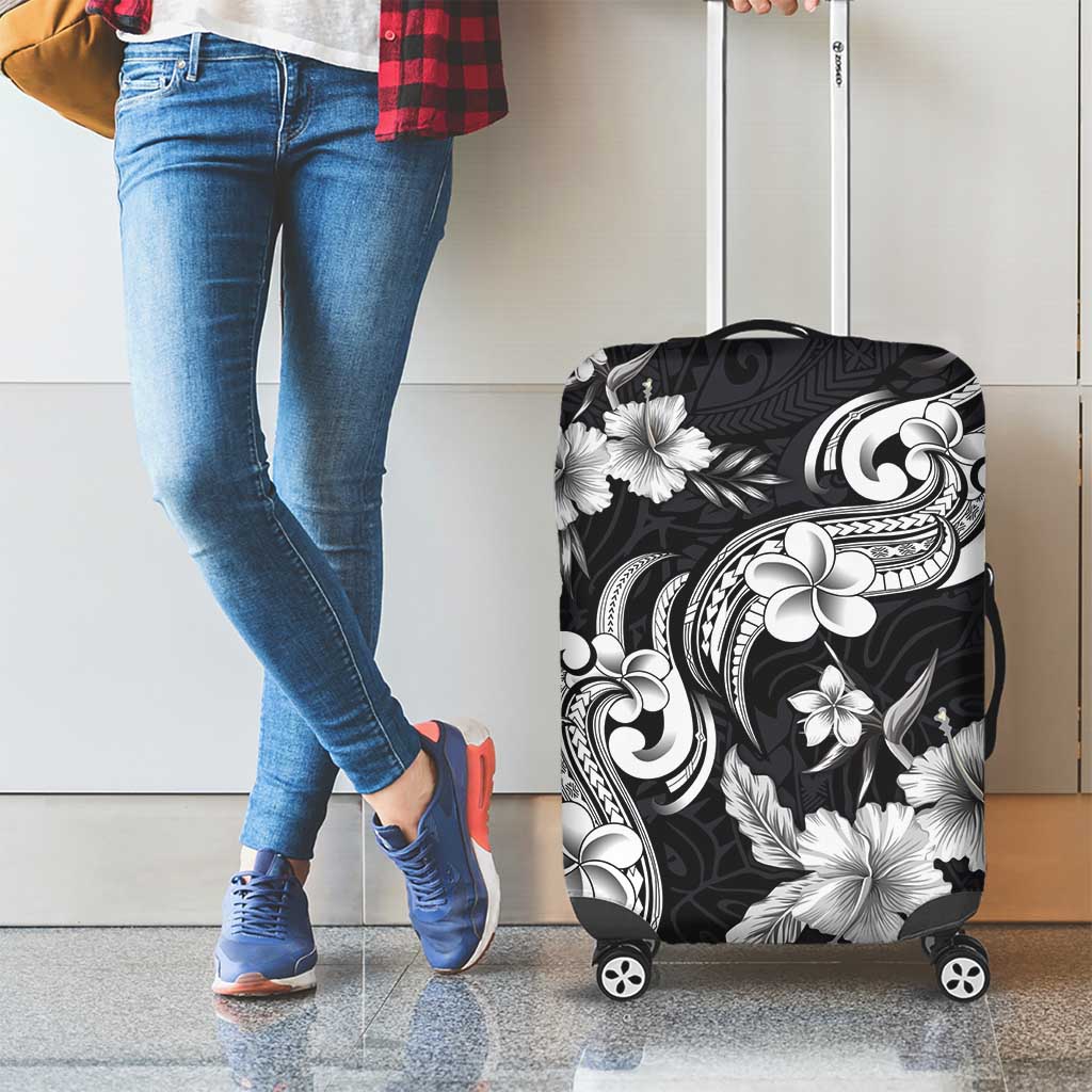Hawaiian-Polynesian Art Tattoo Luggage Cover Hibiscus and Plumeria Grayscale