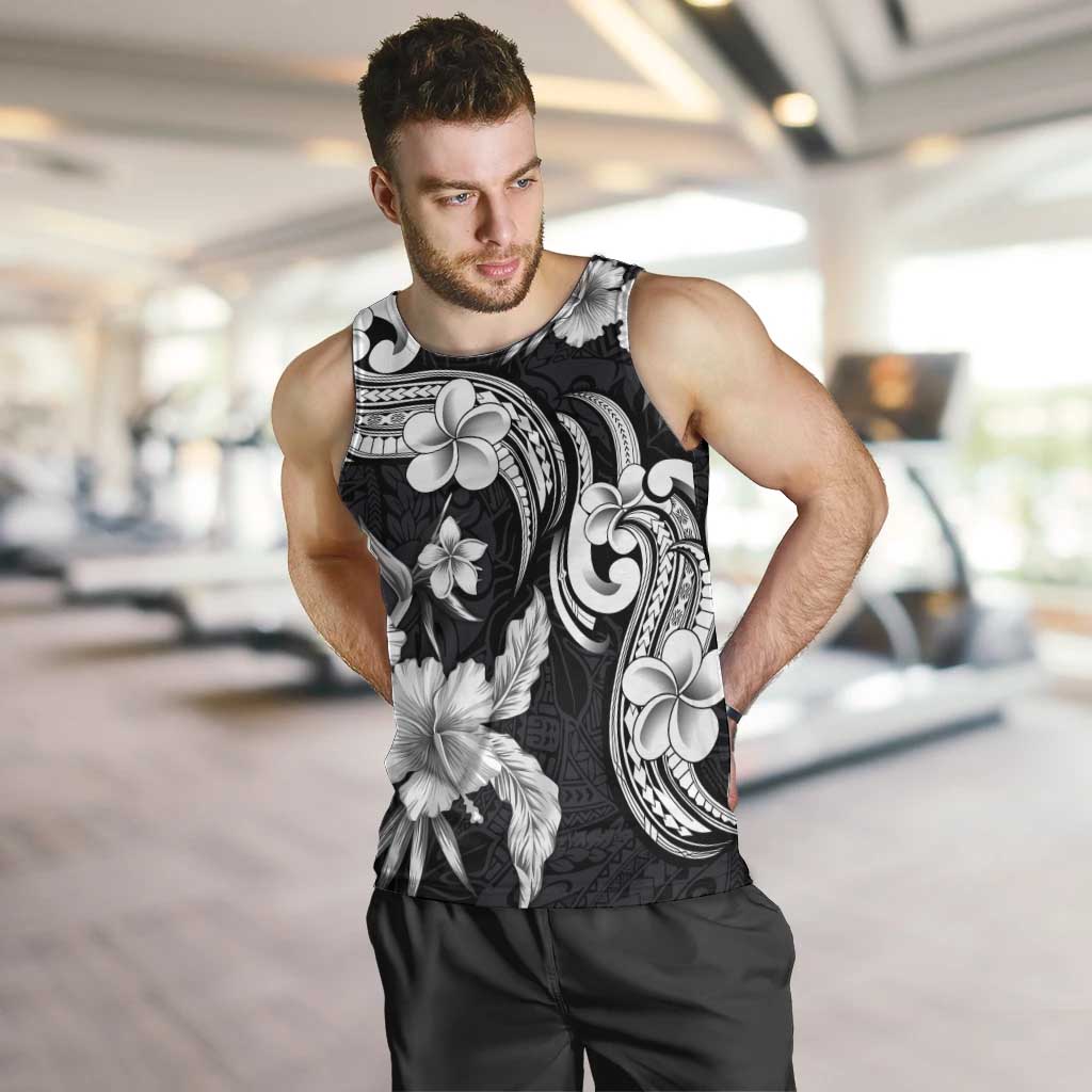 Hawaiian-Polynesian Art Tattoo Men Tank Top Hibiscus and Plumeria Grayscale