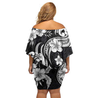 Hawaiian-Polynesian Art Tattoo Off Shoulder Short Dress Hibiscus and Plumeria Grayscale